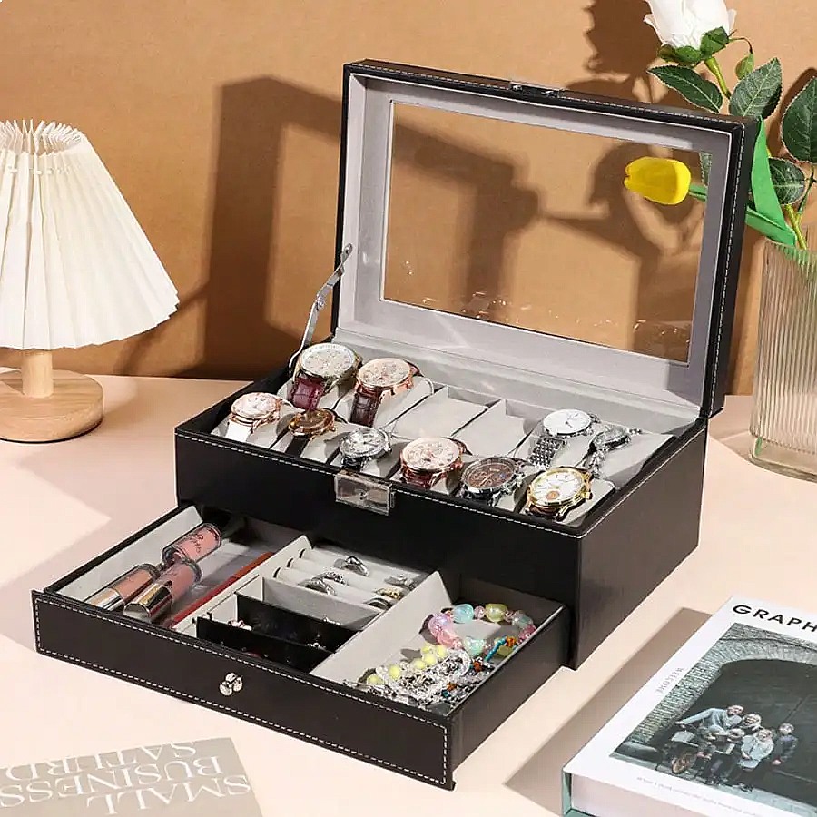 12-Slot Watch Box with Drawer, - Luxury Watch Case ulasan dan harga