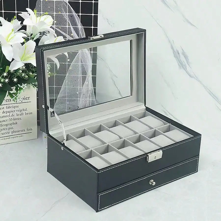 12-Slot Watch Box with Drawer, - Luxury Watch Case ulasan dan harga